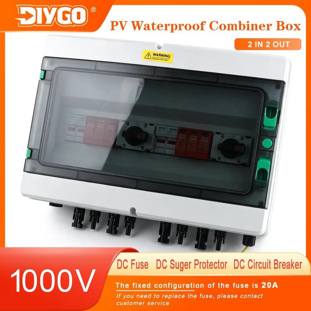 2 In 2 Out 1000V PV Combiner Box IP65 Waterproof Solar Junction Box SPD Surge Lightning Protection DC Fuse MCB Isolation Switch
