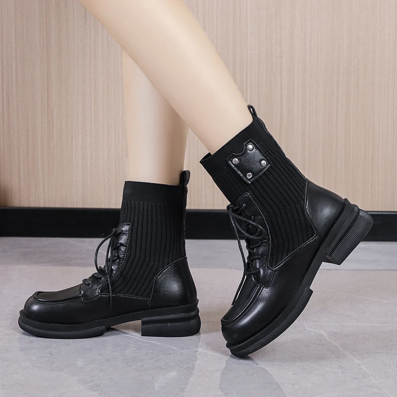 Chaussons d'hiver à lacets pour femmes, bottes de rinçage pour femmes, chaussures de style punk, bottes courtes à talon moyen, mode, nouveau, 2024