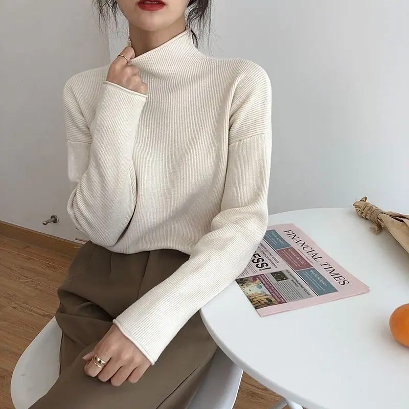 

Pullovers Women Elegant Ins M-3xl Half High Collar Solid Street Wear All Match Minimalist Fashion Sweaters Knitted Vintage Femme