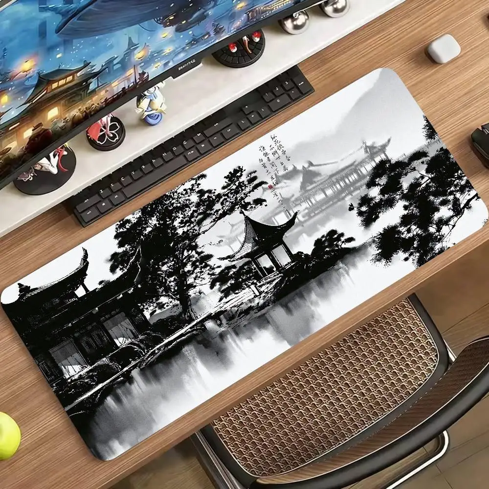 Painting Style Mousepad, Ancient Pavilion Water Reflection Mountain Scenery Desk Mat Aesthetic Black White Rubber Mouse Mat