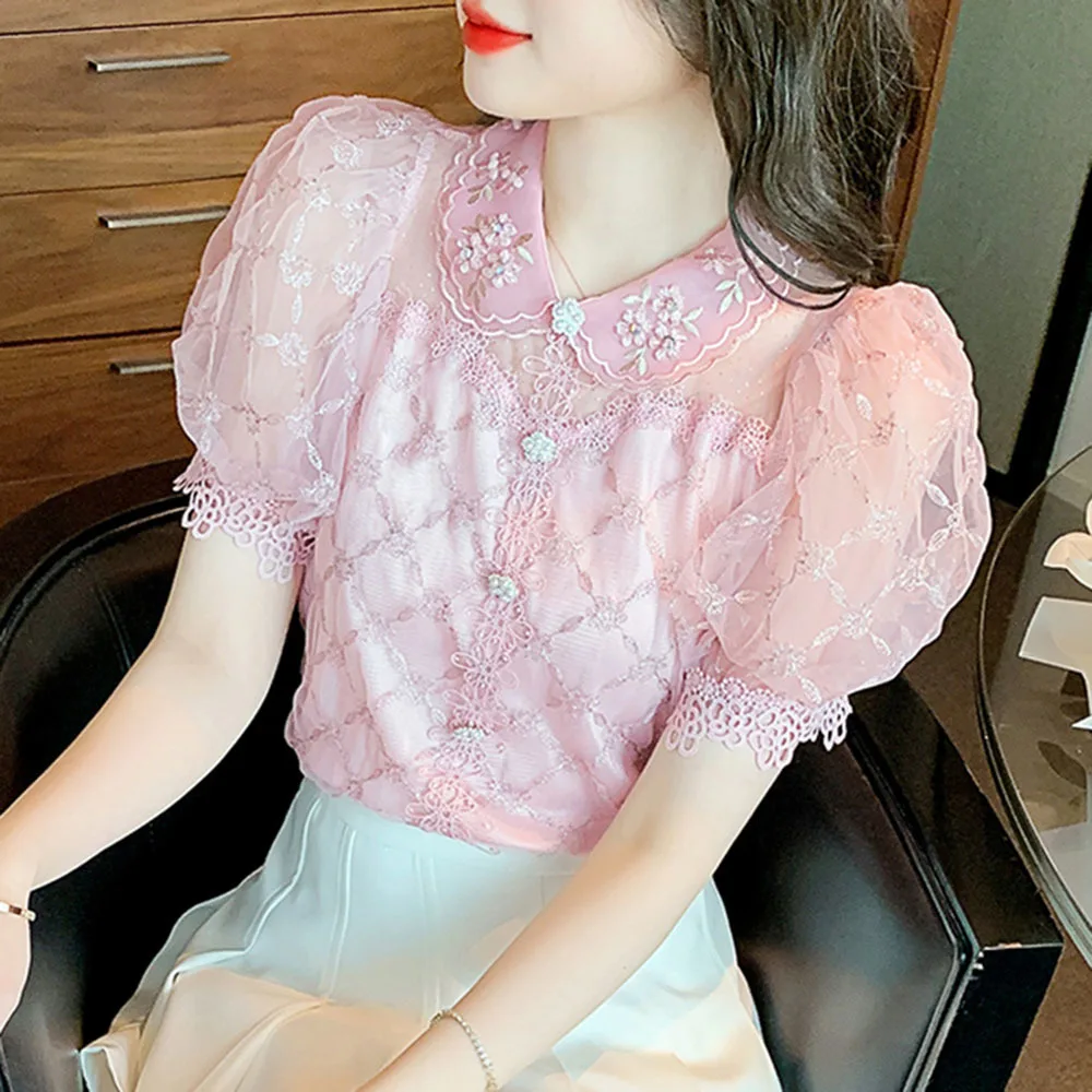 Korean Blusas Mujer Cute Loose Shirt Women Beading Peter Pan Collar Vintage Women Blouses Summer Short Puff Sleeve Tops