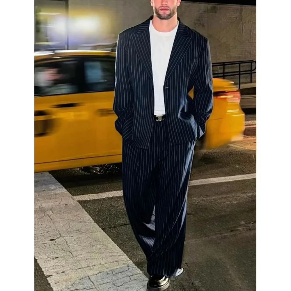 

Мужской костюм из двух предметов на заказ, высококачественный полосатый повседневный наряд с пиковыми лацканами, свободный крой, однобортный повседневный комплект, куртка, брюки