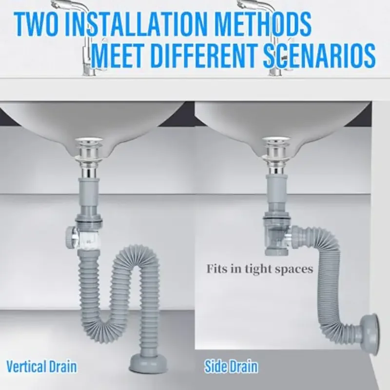 Universal anti-backflow P-shaped elbow telescopic hose set for bathroom sink drain pipe, expandable drain pipe