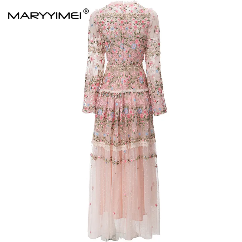 Imagem -02 - Maryyimei-vestido Maxi Vintage Feminino Malha Rosa Bordado Translúcido Manga Lanterna Fino Longo Moda Designer Novo 2023