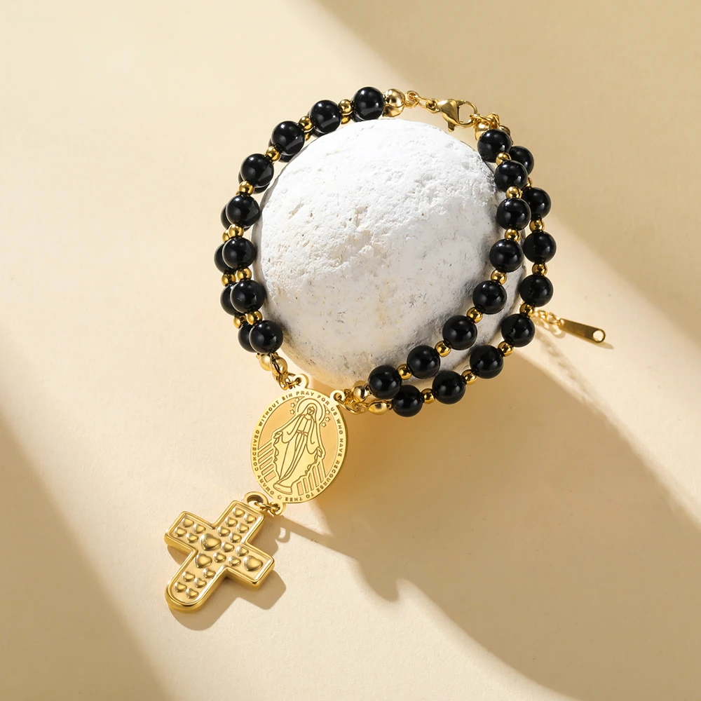 Dawapara Virgin Mary Cross Black Onyx Bead Bracelet Saint Christopher Catholicism Amulet Stainless Steel Charm Christmas Gift
