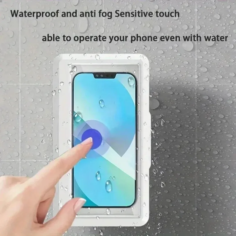 Suporte de parede à prova d'água e antiembaçante para celular com tela sensível ao toque, sem necessidade de furar, compatível com celulares de 4,7 a 7 polegadas, para banheiro, cozinha e lavabo.