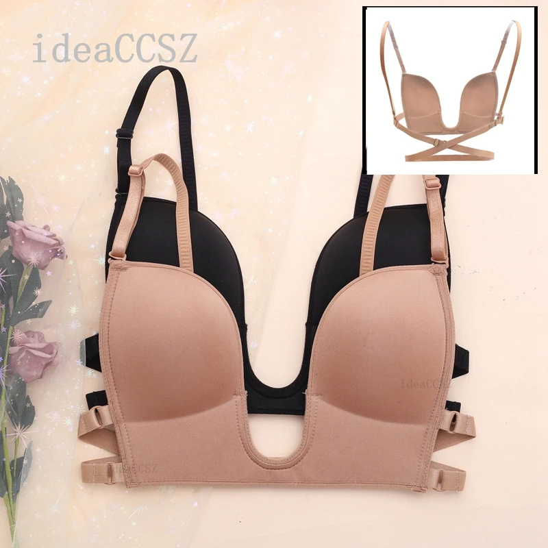 Womens Deep U Shaped Plunge Backless Bra with Multiway Convertible Clear Straps Low Back Bra Lifting Body Shaper Lingeres