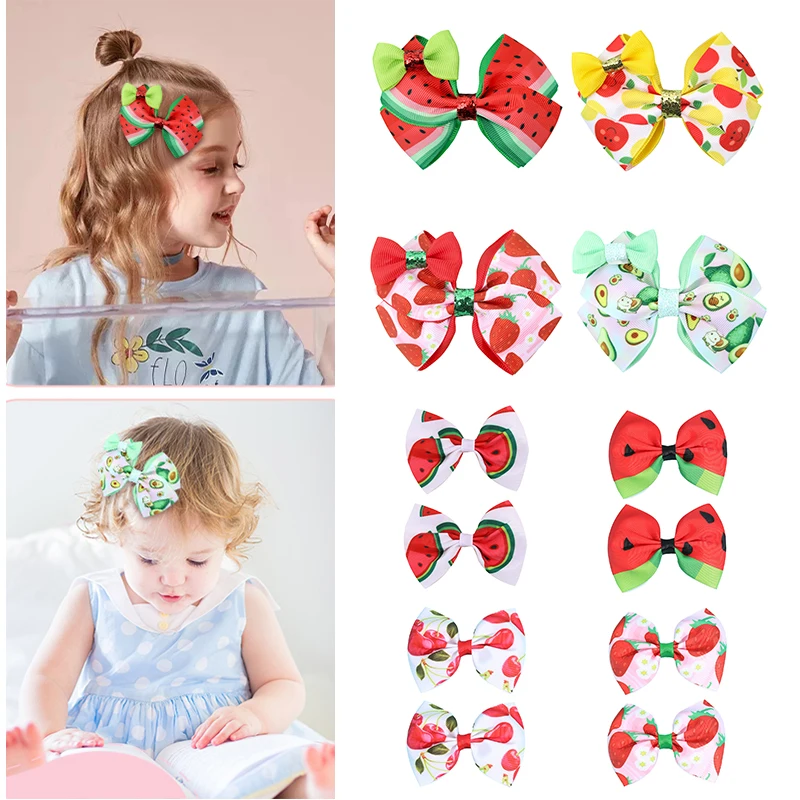 

Fashion Avocado Watermelon Hair Bows with Clips For Kids Girl Cartoon Fruits Printed Bowknote Hairpin Child Headdress Accessorie