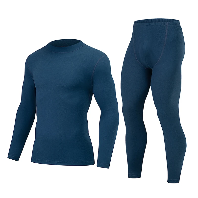 2 قطعة الخريف/الشتاء الرجال الموضة الكلاسيكية الأساسية الملابس الداخلية الدافئة مجموعة فضفاضة كبيرة نصف عالية طوق السراويل مرونة الخصر #3