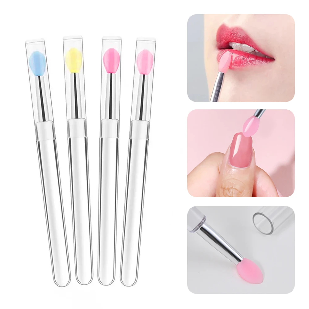 4Pcs Flat Silicone Nail Art Brush Reusable Soft Silicone  Easy-Daub Pigment Brush With Cover Applicator Lipstick Makeup Brush