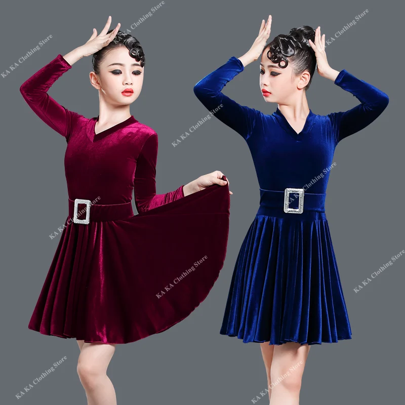 فستان رقص لاتيني احترافي للفتيات ، زي أداء للأطفال ، فستان بأكمام طويلة ، قاعة رقص مخملية ، رقص التانغو تشا