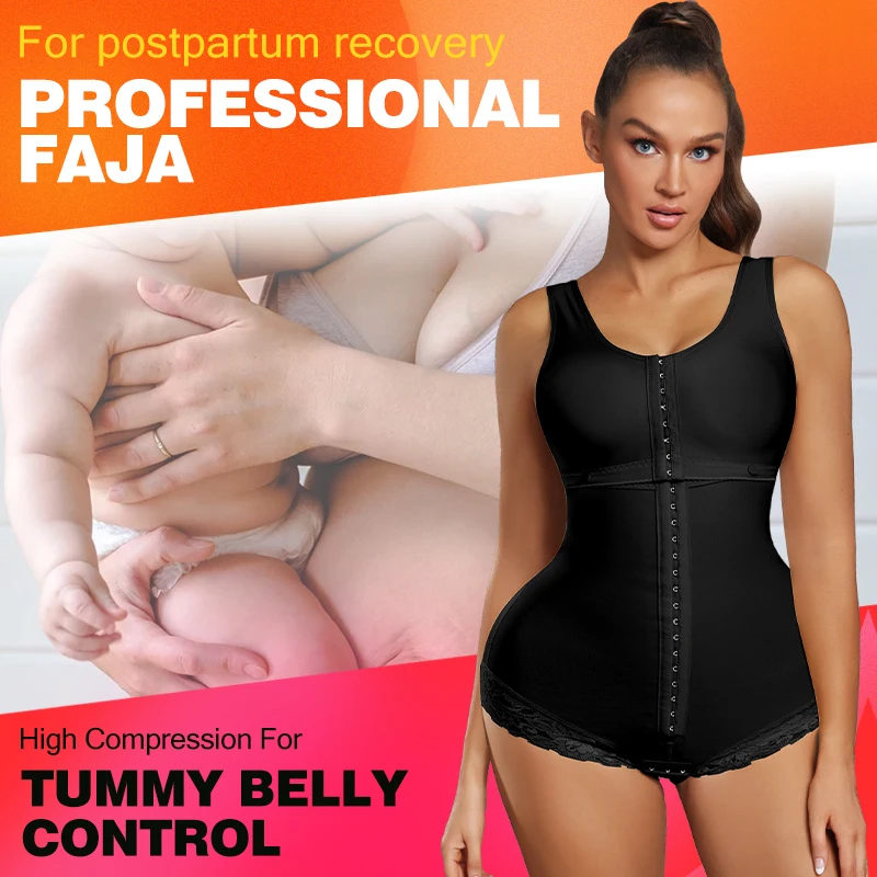 Women Firm Postpartum Tummy Control Body Shaper Chest Support Butt Lifter Post-op Shapewear Bodysuit Faja With Adjustable Hooks