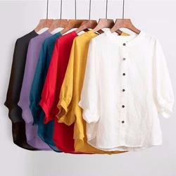 Loose Button Down Blouse Tops Stand Solid Sleeve Long Casual Women Linen Shirt Lady Linen Blouse Lac