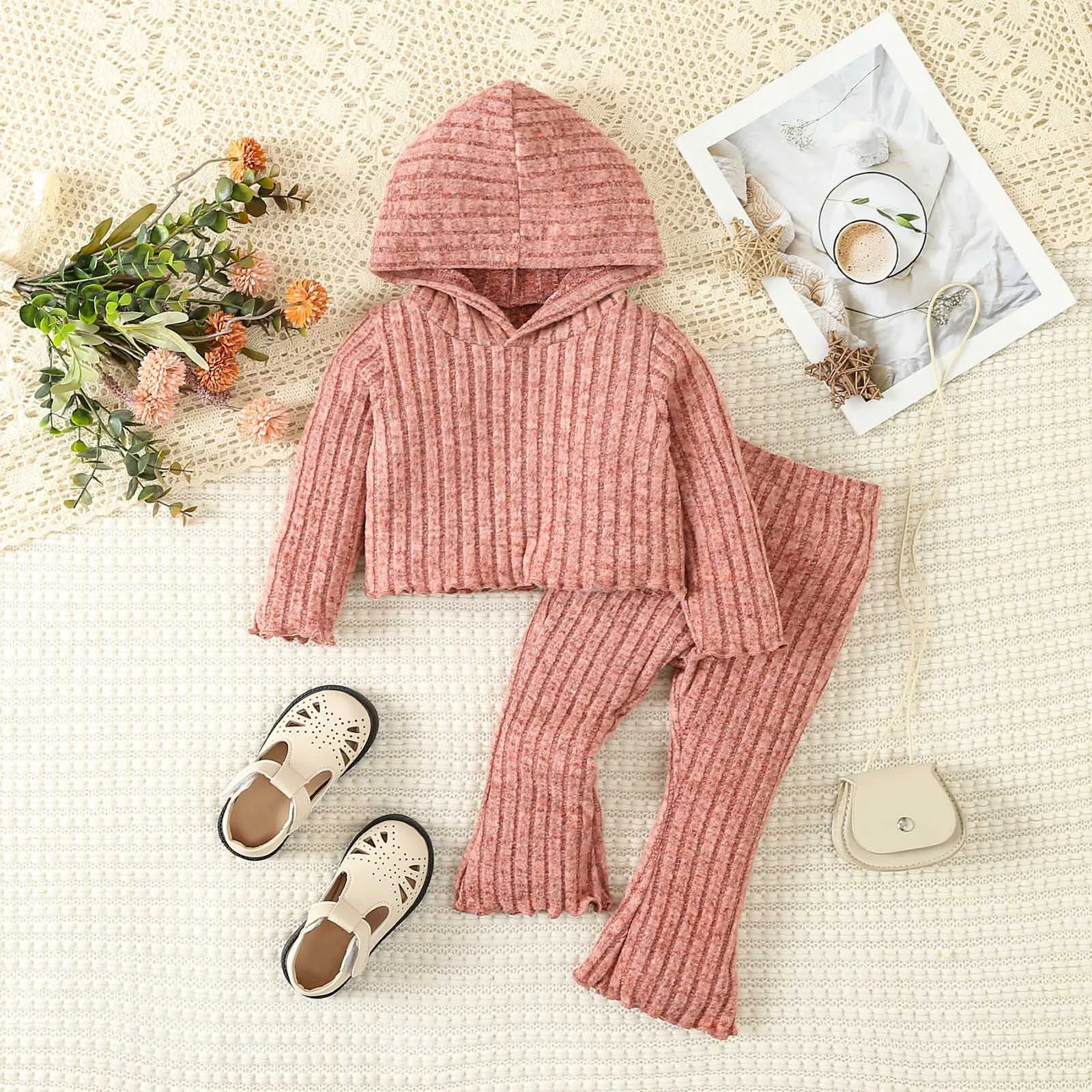 2pcs Children Clothing Sets Solid Color Long-sleeve Ribbed Hooded Tops+Pants Kids Boys Girls Winter Clothing Suits For 1-6 Years