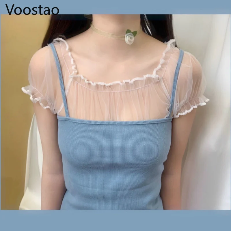 Summer Women Sweet Lolita Style Blouses Kawaii Slash Neck Ruffles Mesh Shirts Female Sexy Cute Short Puff Sleeve Blusas Mujer