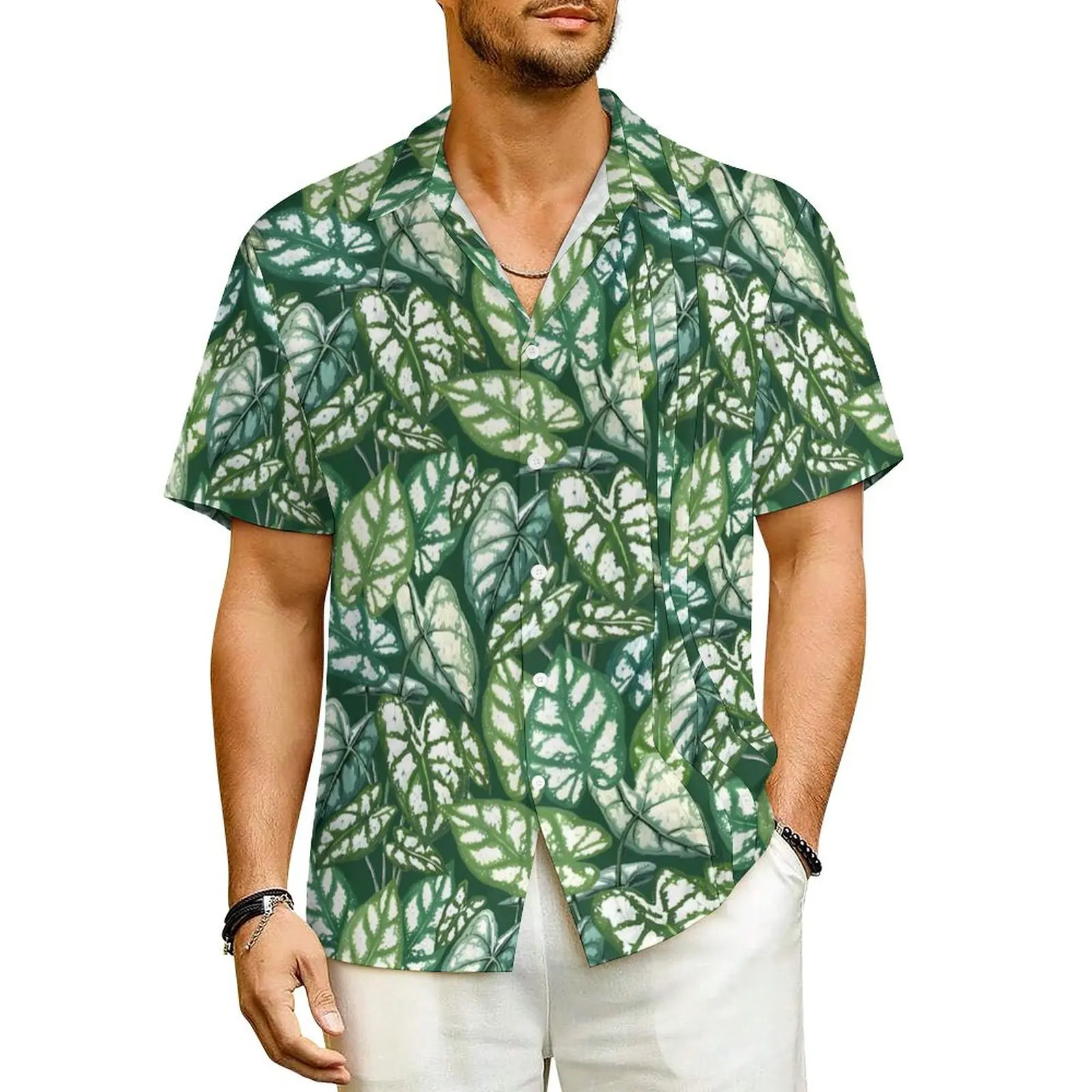 

Green Plant Beach Shirt Male Tropical Leaves Trendy Casual Shirts Hawaii Short Sleeve Y2K Funny Design Oversized Blouses Gift