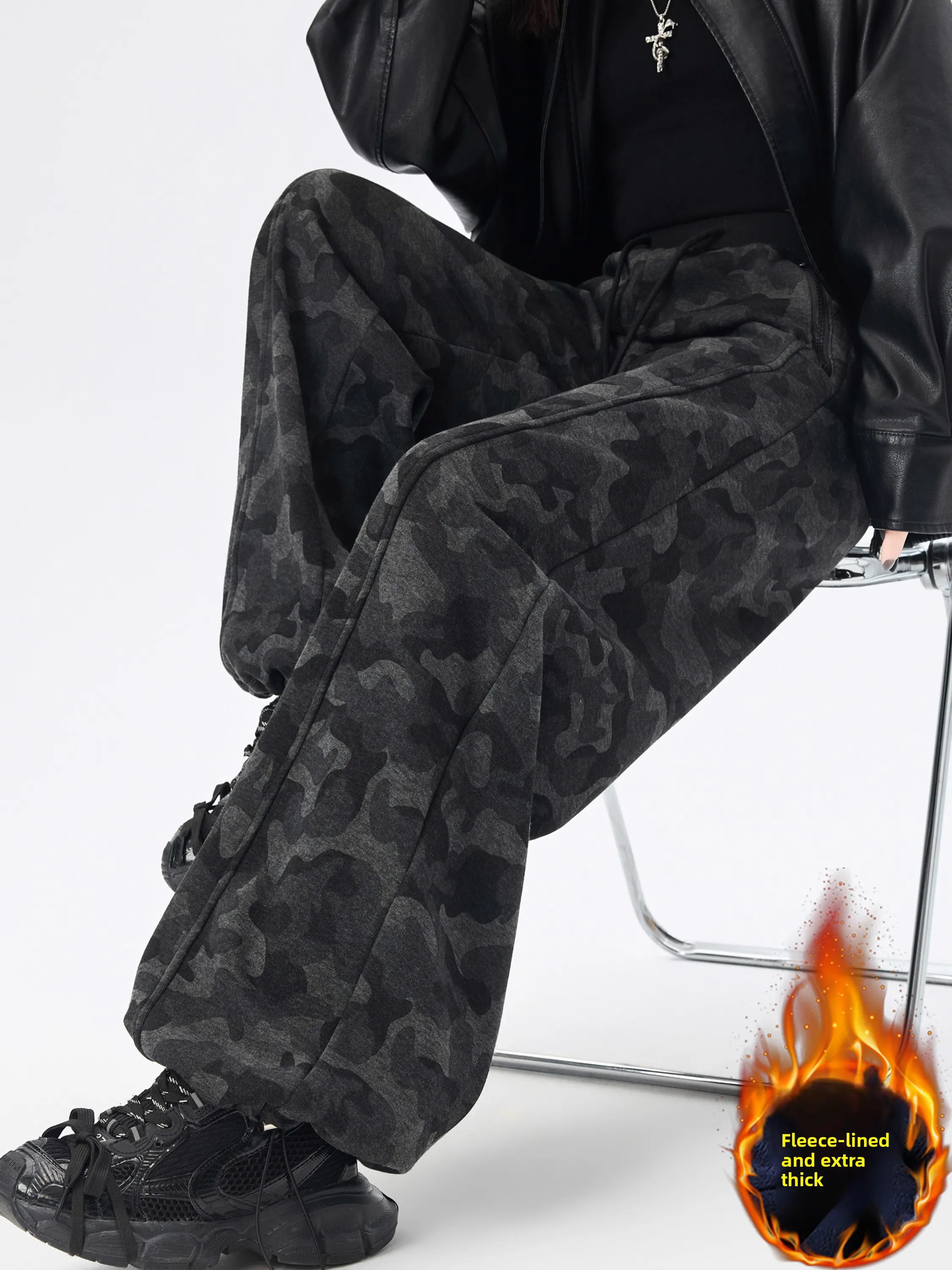 High Waist Fce Lined Thiened Camouflage Wide Leg Pants Women's Winter Loose Casual Sports Sweatpants Patchwork Floor-Len...