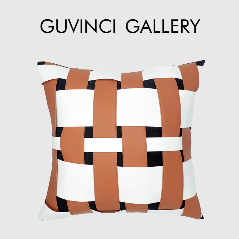 GUVINCI H Style Orange White Faux Leather Splicing Cushion Cover Modern Luxury Woven Decorative Pillow Case For Sofa Couch Bed