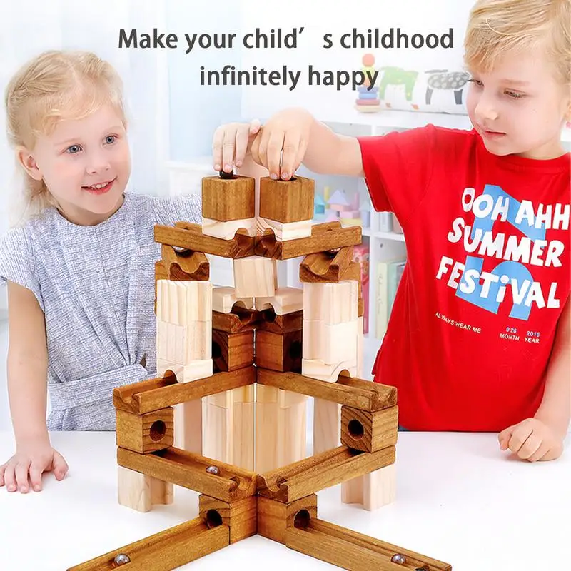 Drewniany tor marmurowy 65 sztuk drewniany tor rampy łatwy w użyciu unikalny drewniany marmurowy zabawki edukacyjne do wyścigów dla dzieci
