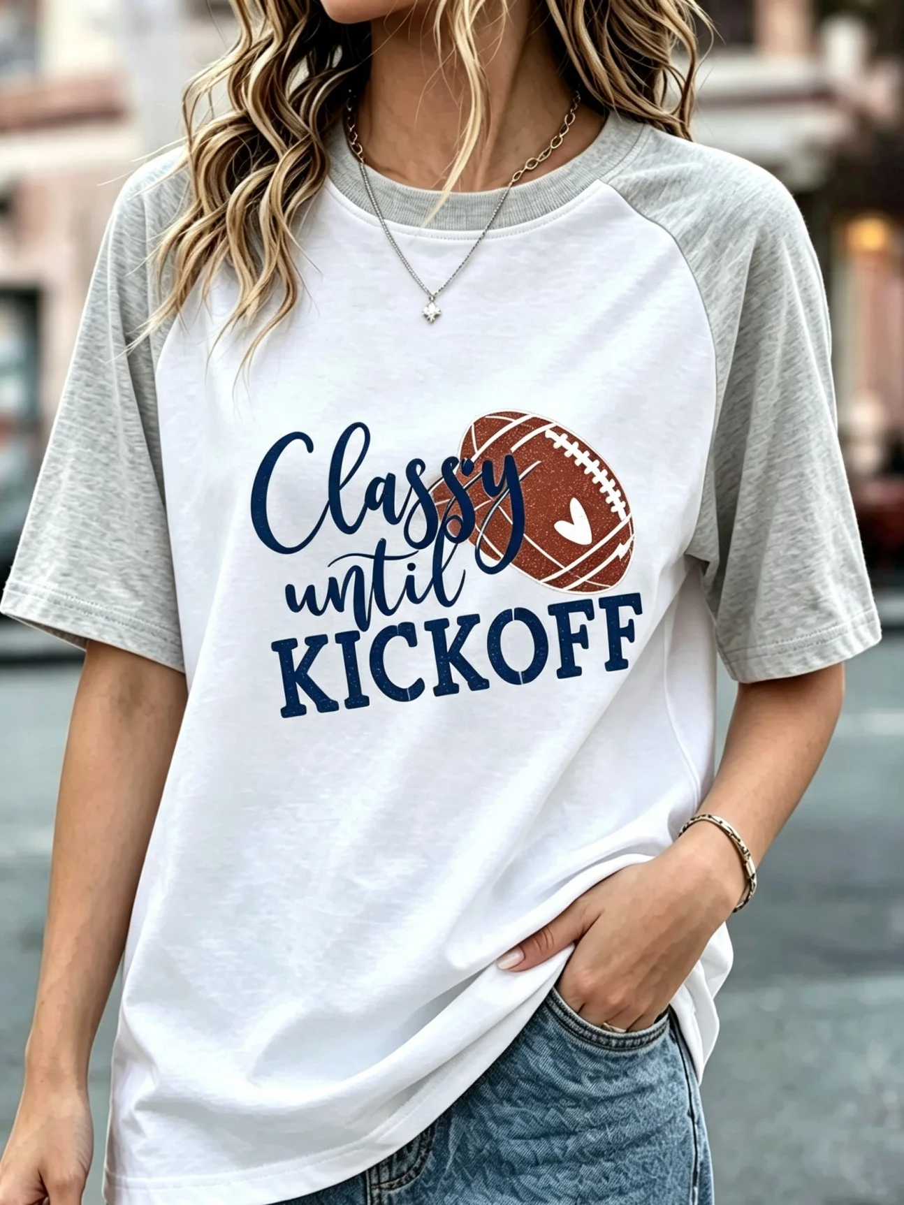 Classy Until Kickoff Heart Football Graphic Raglan T Shirts, 4 Color Block Contrast Sleeve Women Game Day Casual Tees