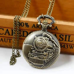 New Fashion Retro Bronze Train Locomotive Engine Quartz Pocket Watch Necklace Pendant Chain Best Gifts for Men Women