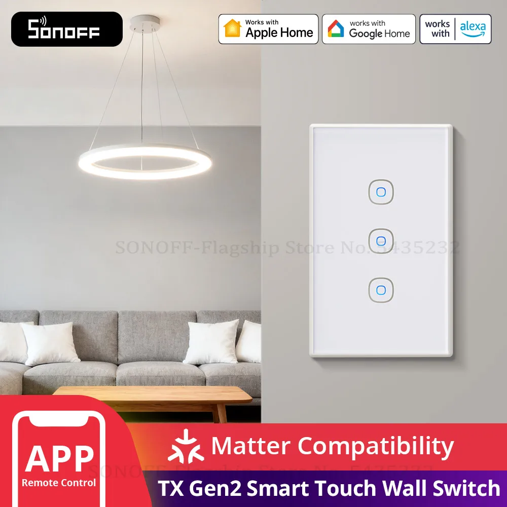 

SONOFF T6 120 Matter TX Gen2 US Smart Touch Wall Switch Detach Relay Adjustable Night Switch Locator Apple Ecosystem Compatible