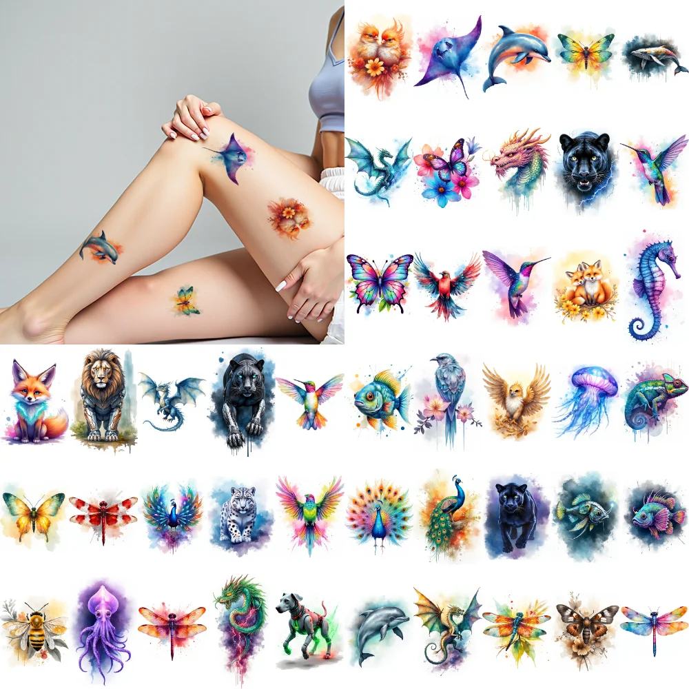 28pcs Temporary Tattoo Panther Waterproof Long-lasting Body Stickers Dolphin Peacock Watercolor For Cheeks Arms