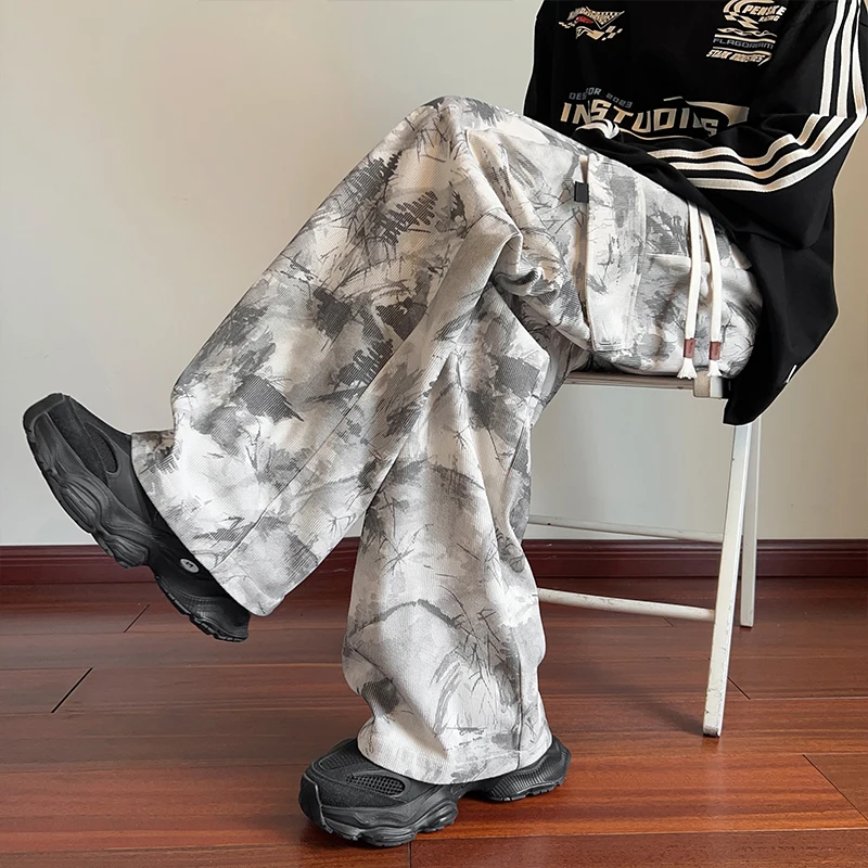 Mens Casual Pants Straight Leg Loose Fit Tactical Cargo Joggers Wide Leg Tie Dye Trousers Trendy Fashion Side Pocket Pants Man