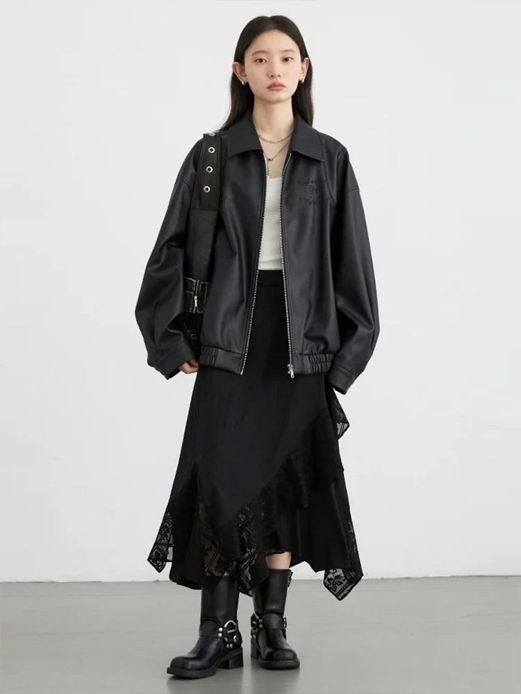 CHIC VEN Women Jacket Black Loose BF Style Embroidered PU Leather Female Overcoat Oversized Coat For Girl Spring Autumn 2024