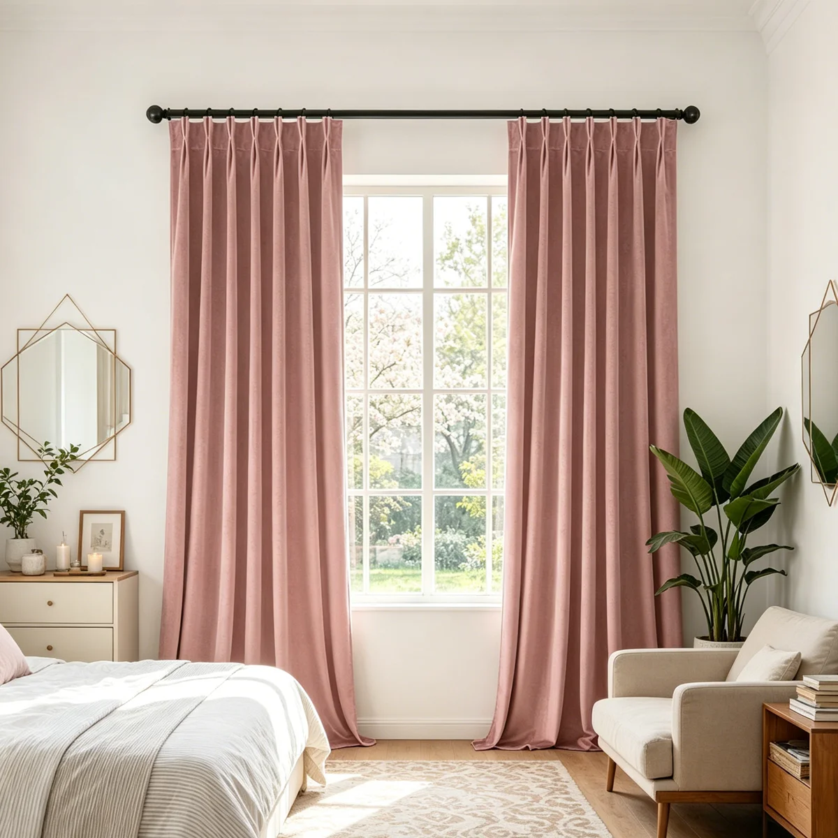 Cortinas de Terciopelo Rosa Empolvado con Pliegues Puntiagudos, 2 Paneles, Estilo Francés, Cortinas Opacas para Dormitorio y Sala de Estar