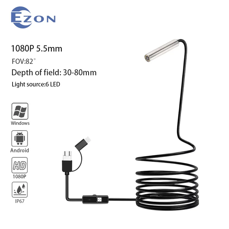 

5.5mm 82° HD1080P Industrial Endoscope Camera Pipe Inspection Camera for Car Repair IP67 Waterproof 6 LEDS 3.5M Soft Cord