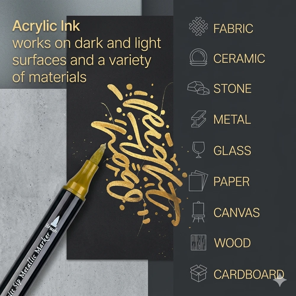 Dual-Tip Metallic Acrylic Markers,2-in-1 Fine & Brush Tip Paint Pens for Black Paper,Rock Painting,Ceramic, Wood,Glass Crafts view 4