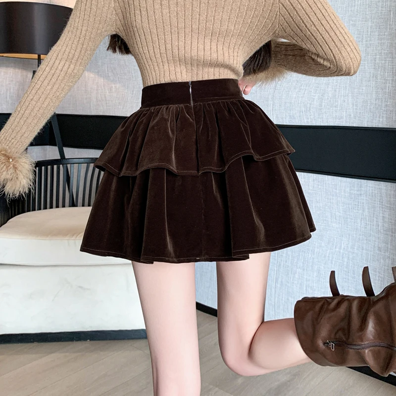 Herbst Winter goldenen Samt Kuchen Rock für Frauen hohe Taille lässig Doppels chicht niedlichen Velours kurze Röcke Mädchen