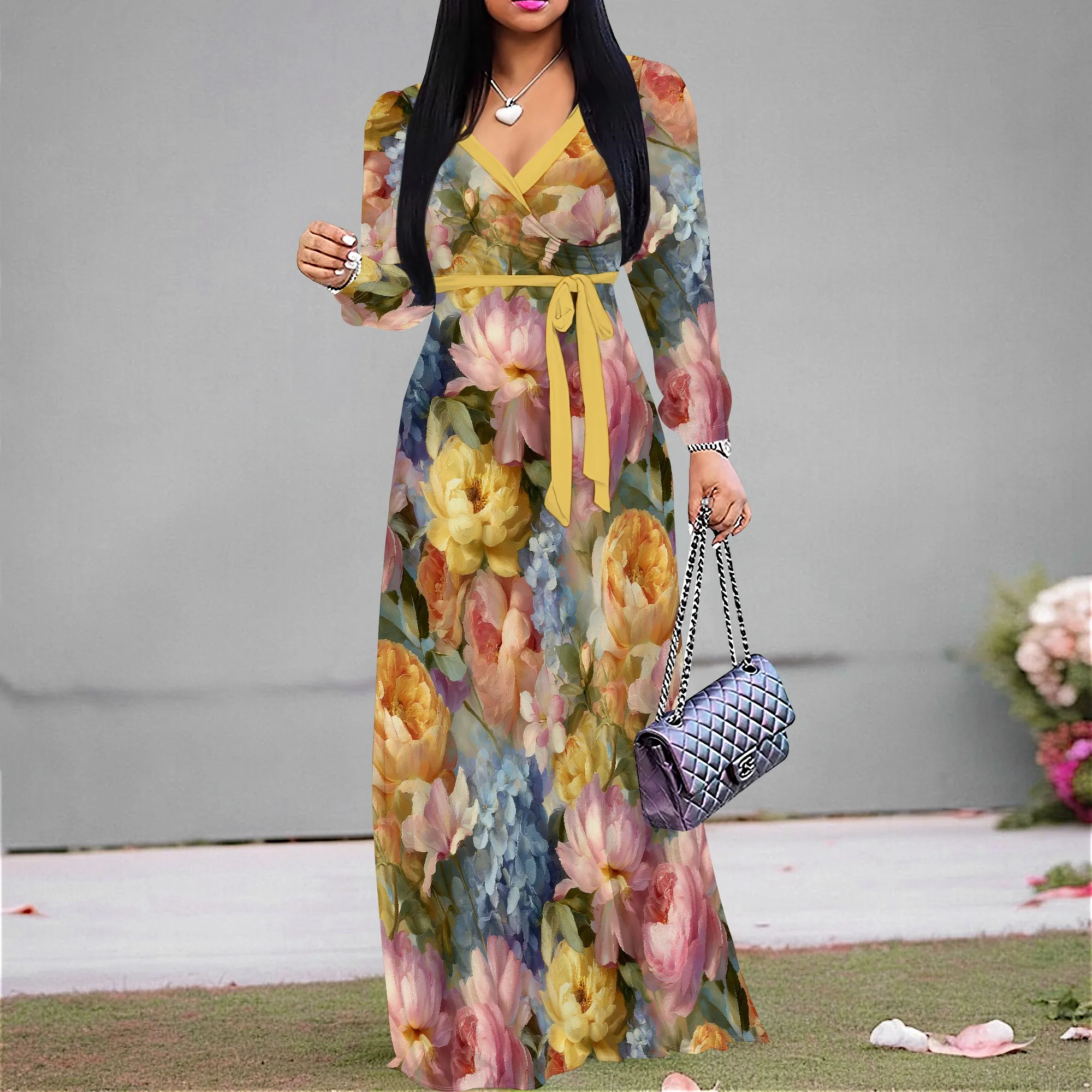 

Nupusa Colorful Floral Print Dress for Women Regular Size Summer Casual V Neck Long Sleeve Maxi Dress