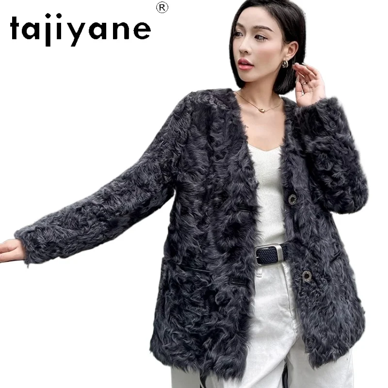 

TAJIYANE Natural Sheepskin with Wool Attached Jacket Women V-neck Grey Real Fur Jackets 2025 New in Coats Winter Woman Clothing