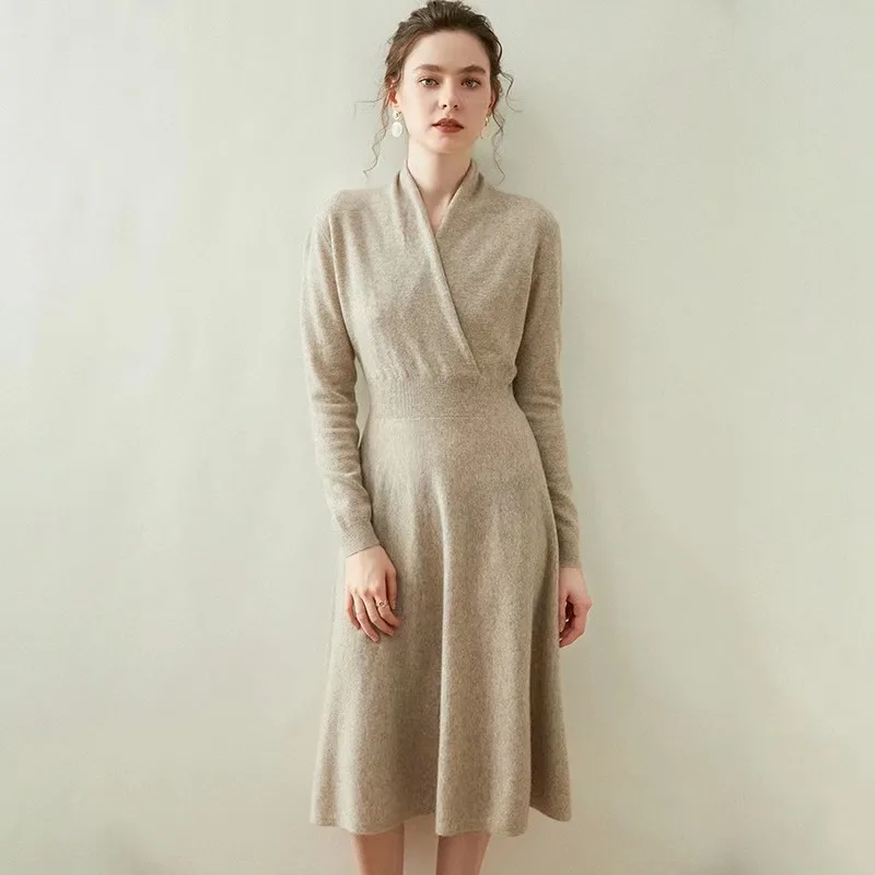 High-grade 100% Cashmere Sweater Knit Dress Winter/Autumn Women V-Neck Knitwear Female Dresses Long Style Pullover Girl Clothes