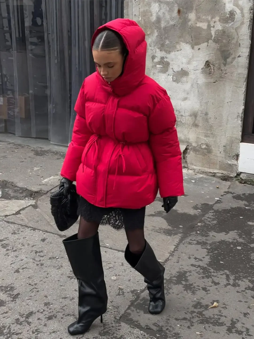 Chic Red Drawstring Hooded Cotton Coat Women Chic Stand Collar Single Breasted Waist Cinching Loose Coats Lady Street Warm Wear