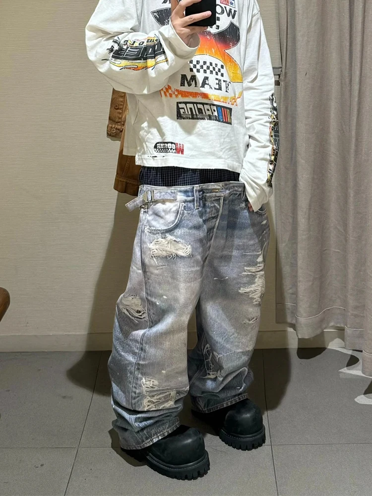 

Мужские джинсы с 3D-принтом и эффектом потертости, с двойной талией, повседневные, из хлопка, свободного кроя, износостойкие, со средней посадкой, на пуговицах