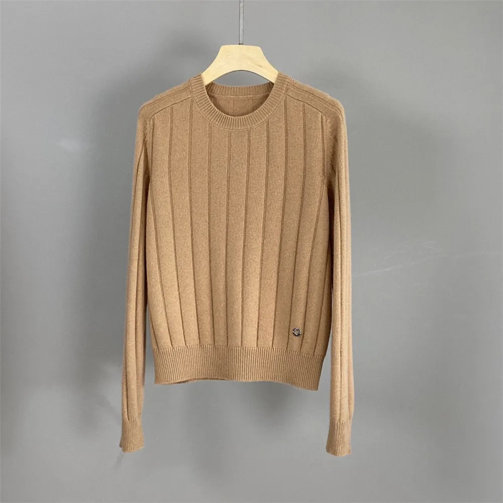 Women's O-Neck Pullover Sweater Ribbed Cashmere Long-Sleeved Solid Color Knitted Top Autumn Winter New