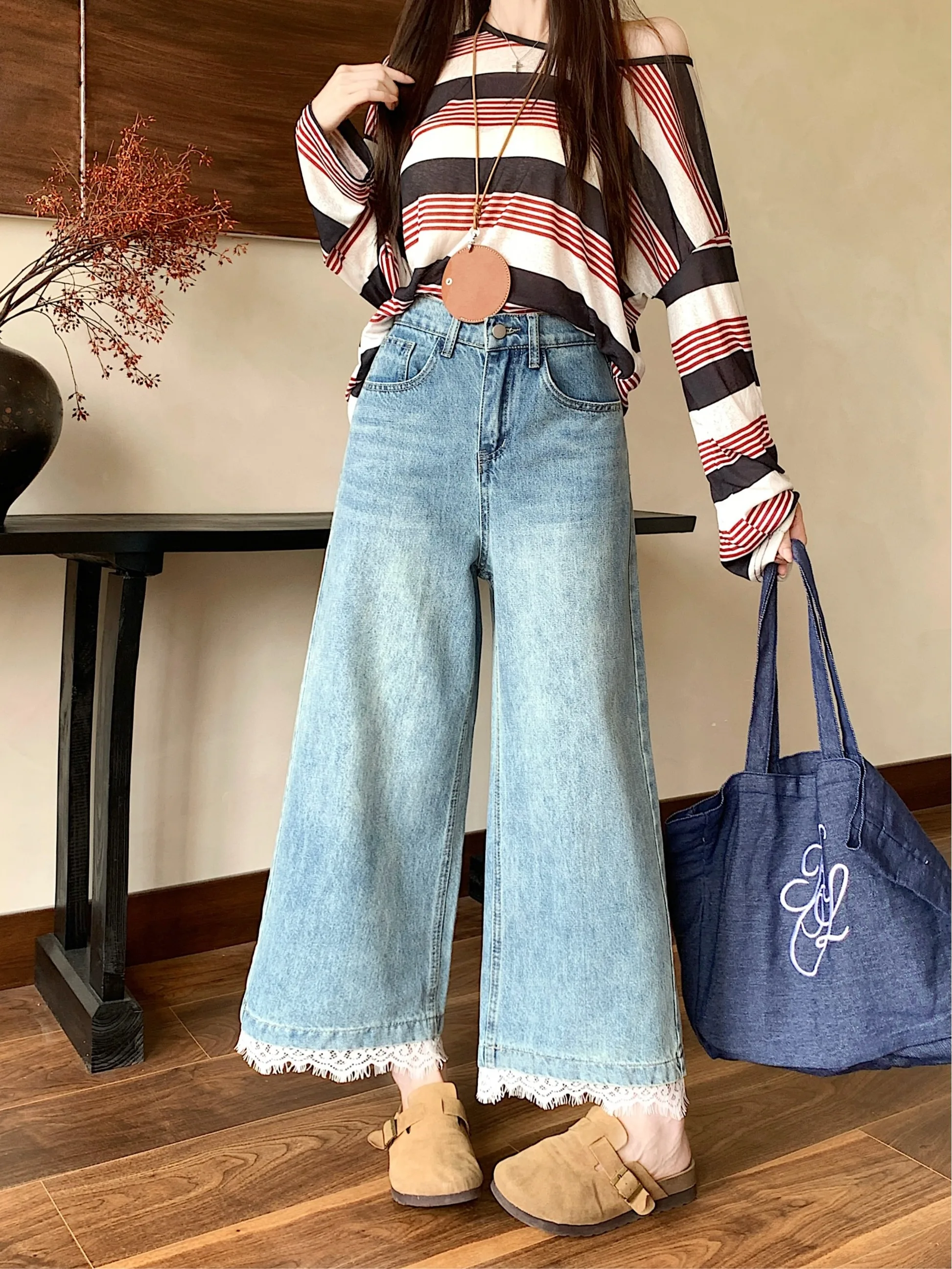 

plus Size Women's High Waist Wide Leg Denim Jeans Lace Trim Summer New Style American Retro Pants Straight Cut Hiding Hip