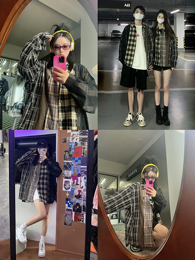 2022 Early Autumn Women New Vintage Plaid Turn-down Collar Over-shirt Long Sleeve Streetwear Loose Patchwork Harajuku Blouses