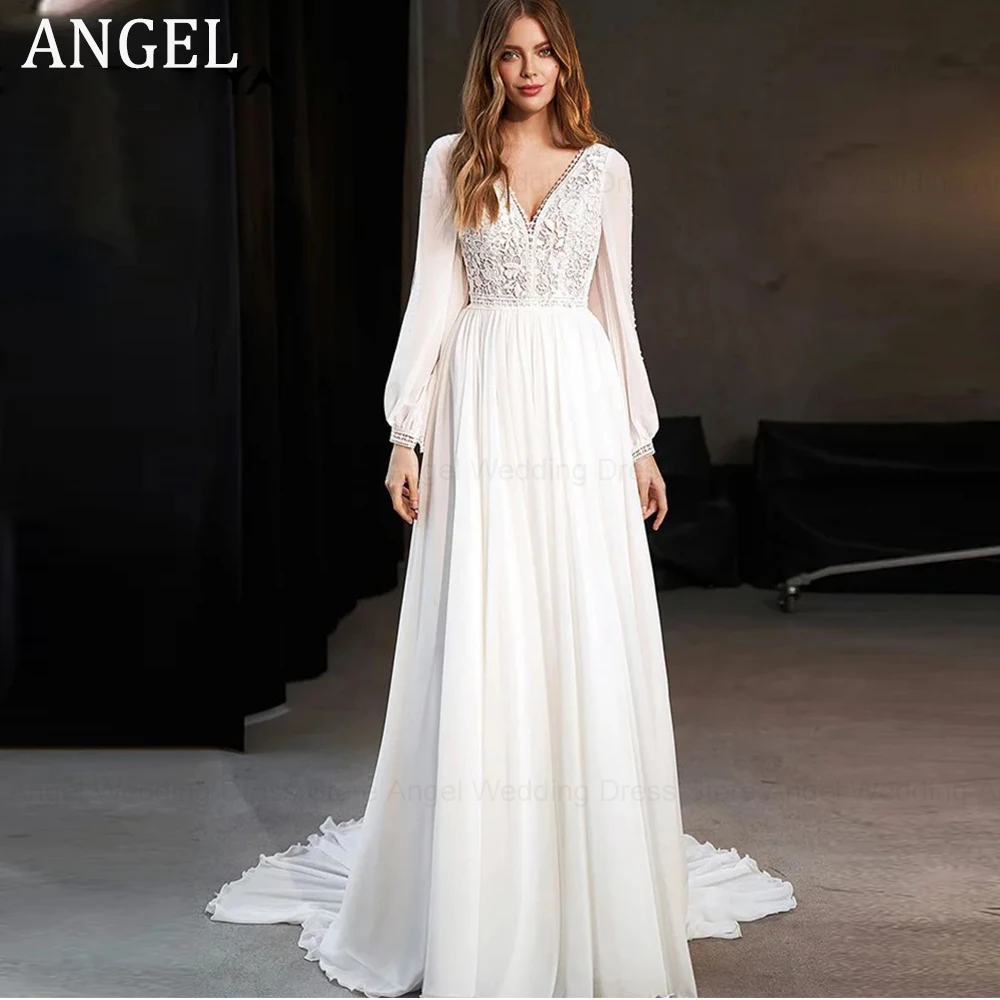 

ANGEL Boho A Line Wedding Dress V Neck Lace Appliques Beadind Sleeve Chiffon Bride Gown Illusion Back Civil Vestidos De Novia