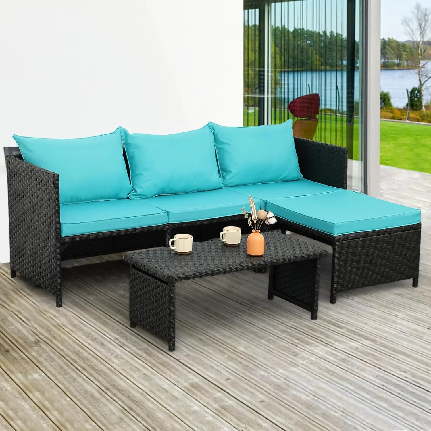

USA 3-Piece Outdoor PE Rattan Furniture Set Patio Black Wicker Conversation Loveseat Sofa Sectional Couch Turquoise Cushion