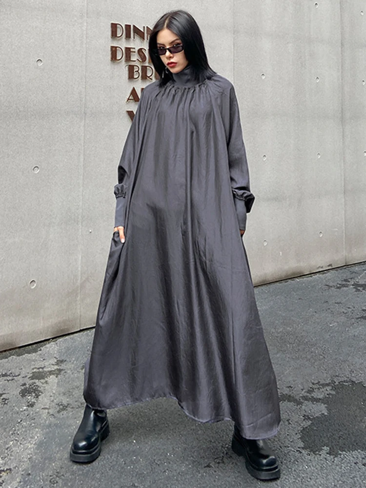 [EAM] Women Gray Brief Long Big Size Elegant Dress New Turtleneck Long Sleeve Loose Fit Fashion Tide Spring Autumn 2024 1DH0252