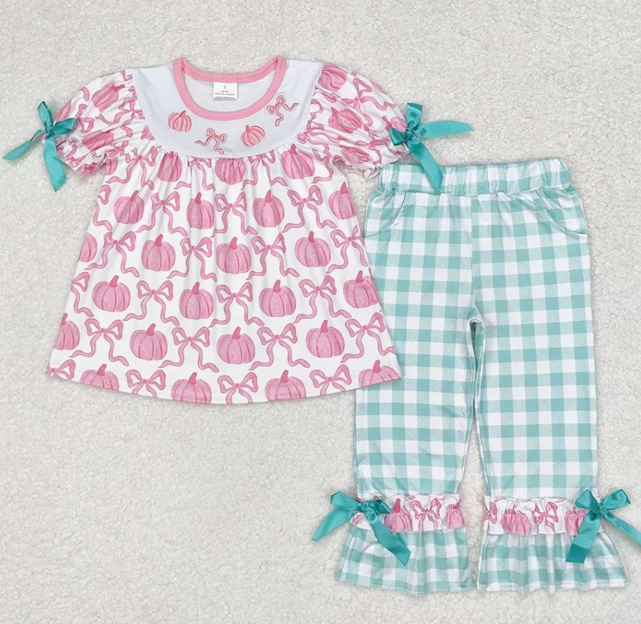 

Girls short sleeve top long pant set Halloween Pumpkin Kids Sibling Clothing Girls Boutique Outfits