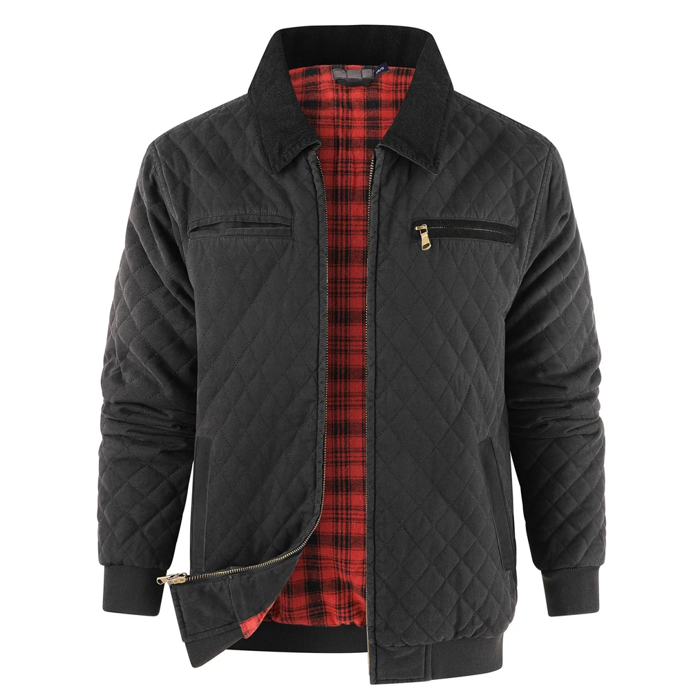 

Мужские теплые фланелевые куртки на весну-осень, модные мужские винтажные стеганые бомберы с вельветовым воротником и клетчатой подкладкой на молнии
