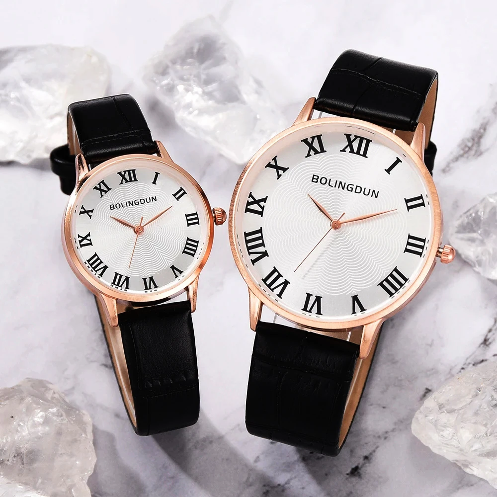 Couple Watches with Roman Number Face Leather Strap Lover Simple School Student Men Women Minimalist Boy Girl Pair Wristwatch