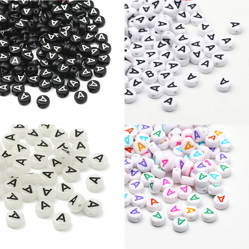 100pcs 4Style 7mm Flat Round A-Z Letter Acrylic Loose Spacer Alphabet Beads for Needlework Jewelry Making Diy Bracelet Necklace