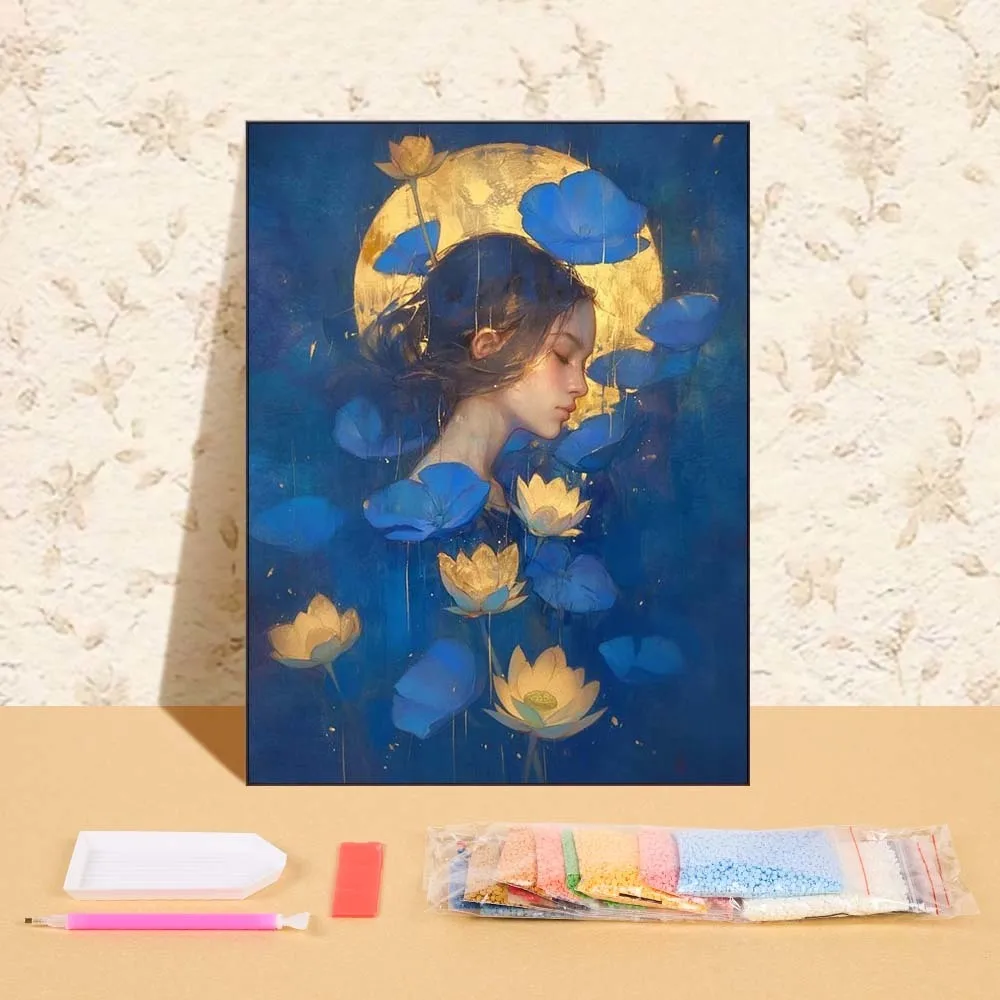 

Diamond Painting DIY Lotus Flower Girl Diamond Mosaic Craft Supplies Holiday Gifts Full Round Rhinestone Picture For Bedroom
