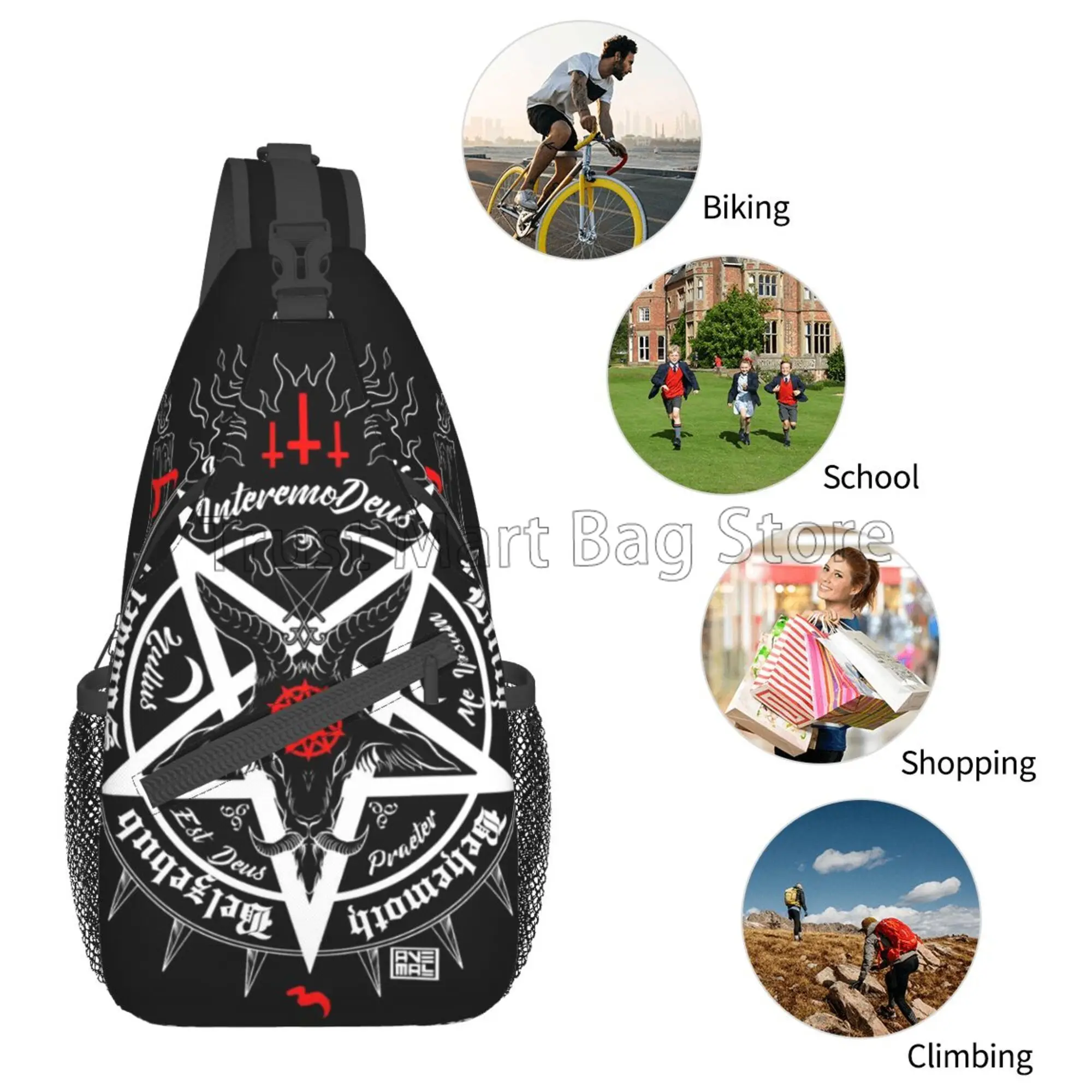 Black Satan Skull Dead Goat Head Graphic Sling Bag Casual Chest Shoulder Bag Unisex Crossbody Backpack for Travel Sports Hiking